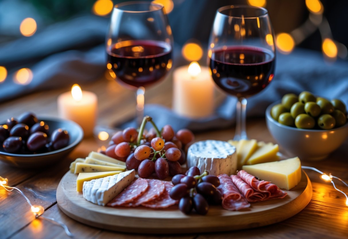 A wooden table with a charcuterie board, glasses of red wine, olives, and chocolate-covered strawberries arranged for a date night snack.