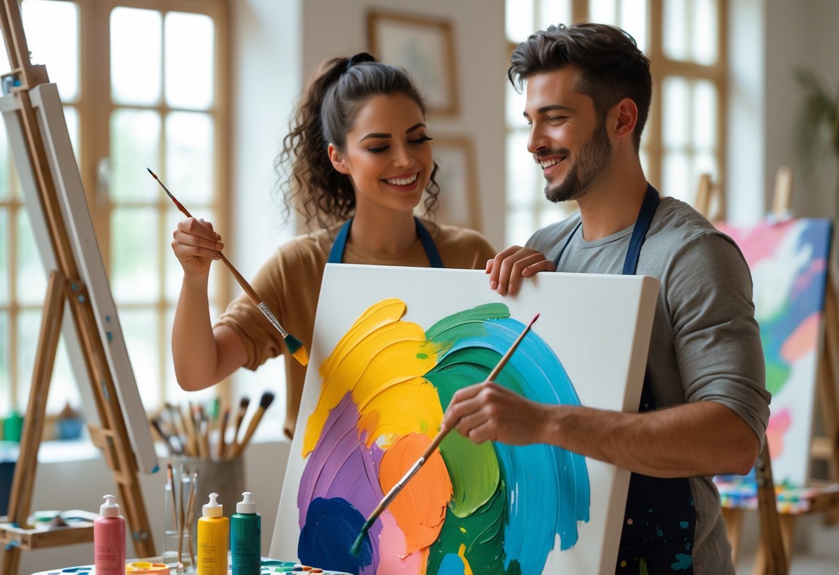 A young couple painting together on a canvas indoors, smiling and enjoying a shared creative activity.