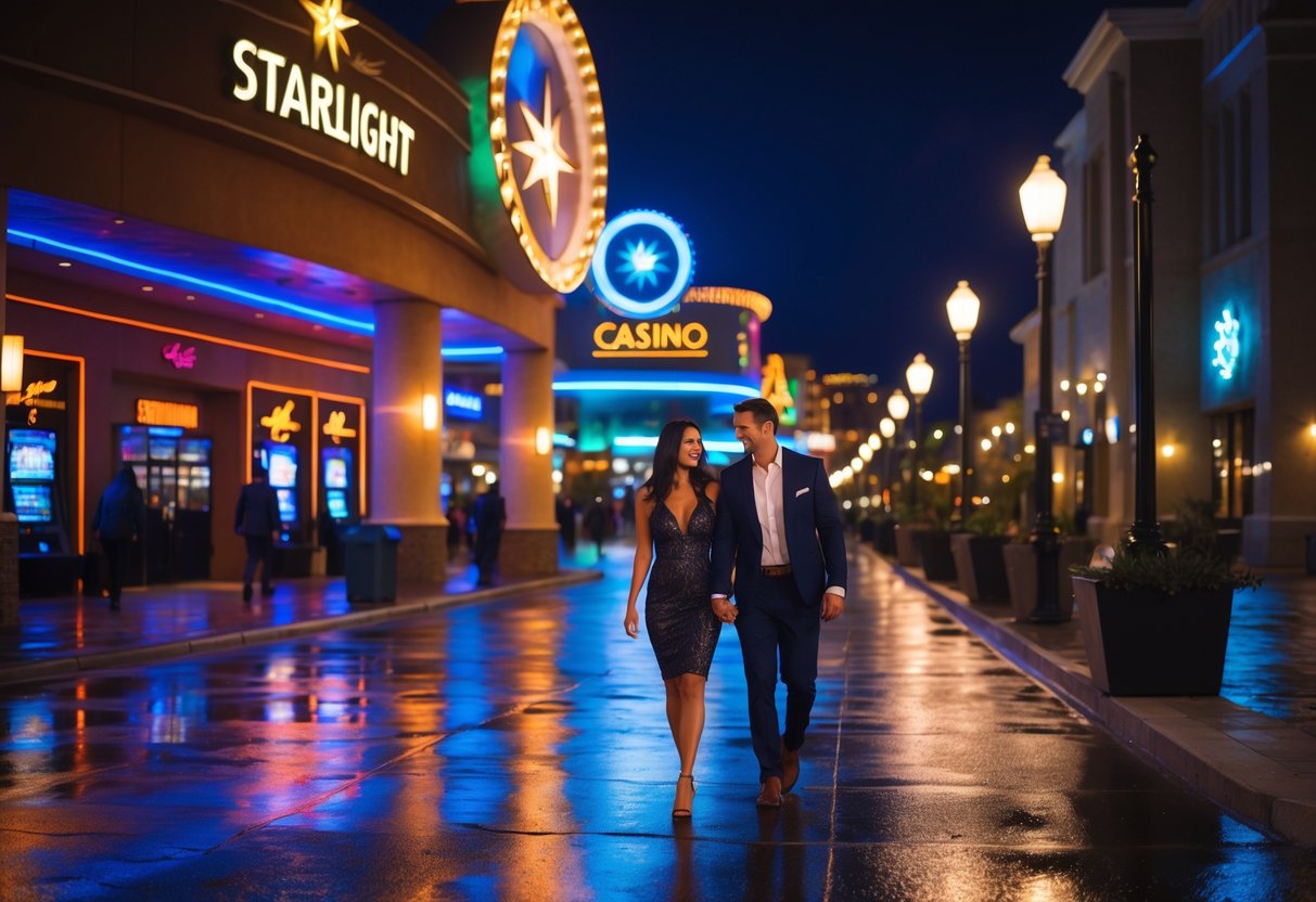 A couple walking hand-in-hand outside a brightly lit casino at night, surrounded by city lights and people.