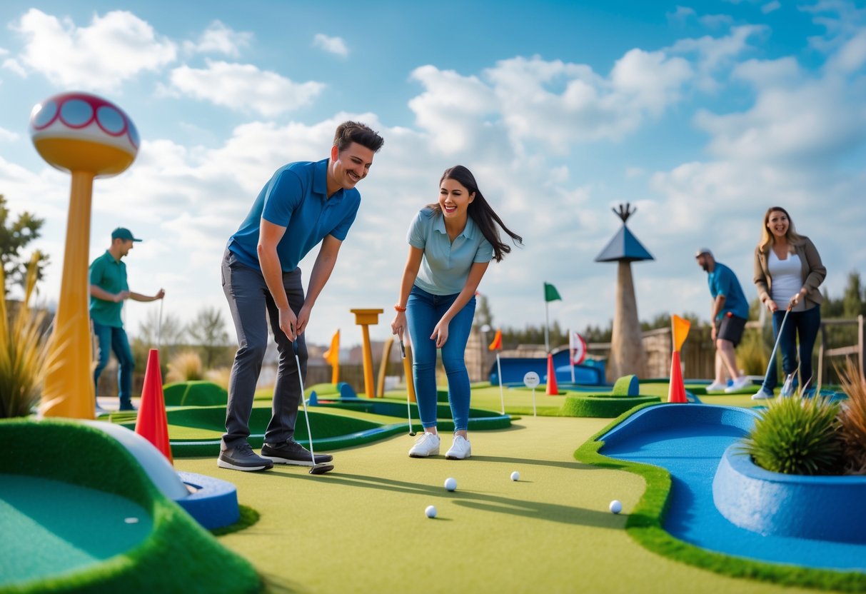 A young couple playing mini golf together outdoors, smiling and enjoying a friendly competition.