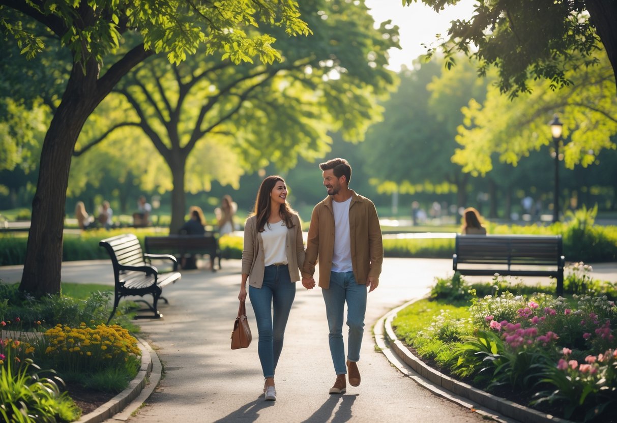 A young couple walking hand in hand along a tree-lined path in a park on a sunny day.