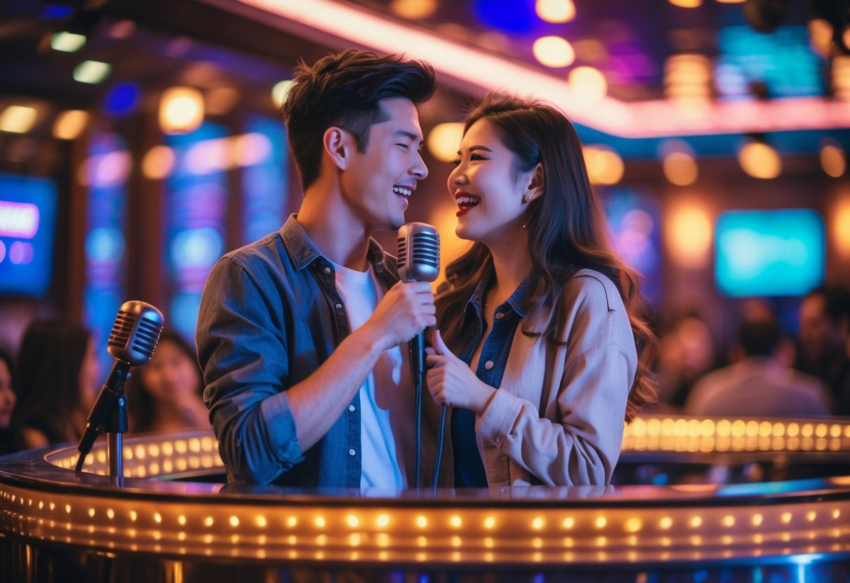 A young couple singing together on a karaoke stage, smiling and enjoying a duet.