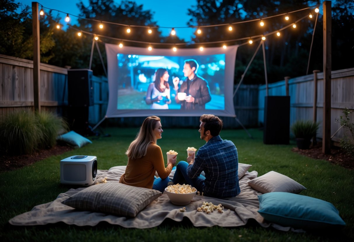 A young couple watching a movie outdoors on a projector screen, sitting on a picnic blanket surrounded by soft lights in the evening.