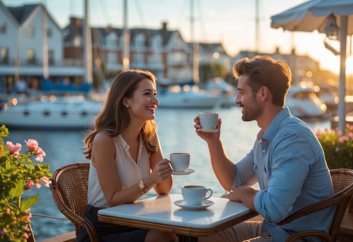 A young couple sitting at an outdoor café by the marina in Southampton, enjoying a peaceful moment together during sunset.