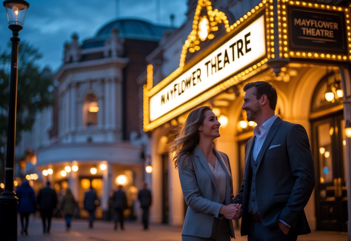 A couple standing outside the Mayflower Theatre in Southampton at night, holding hands and smiling.