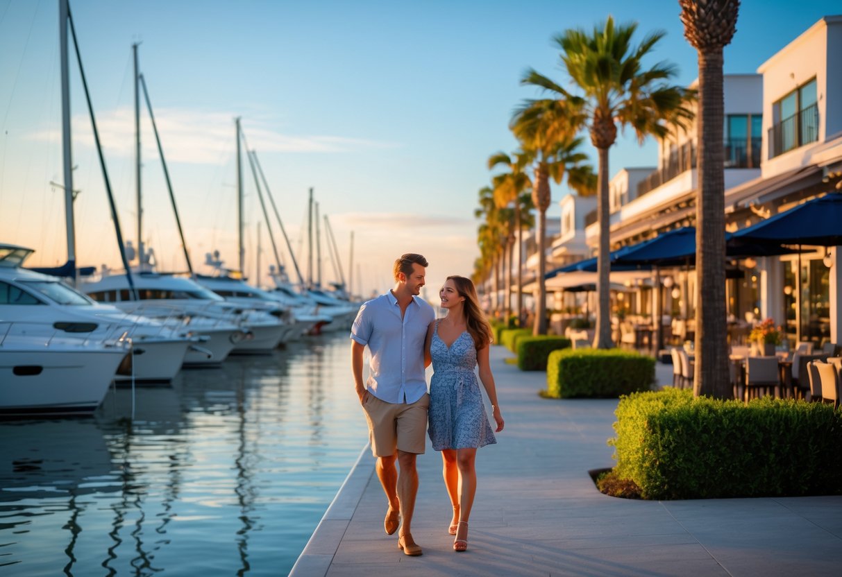 A couple walking along the marina promenade at Ocean Village waterfront in Southampton with yachts docked nearby and waterfront restaurants in the background.