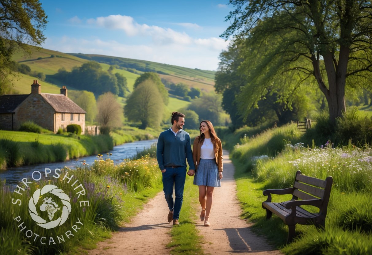 A young couple walking hand-in-hand along a countryside path with wildflowers and hills in the background.