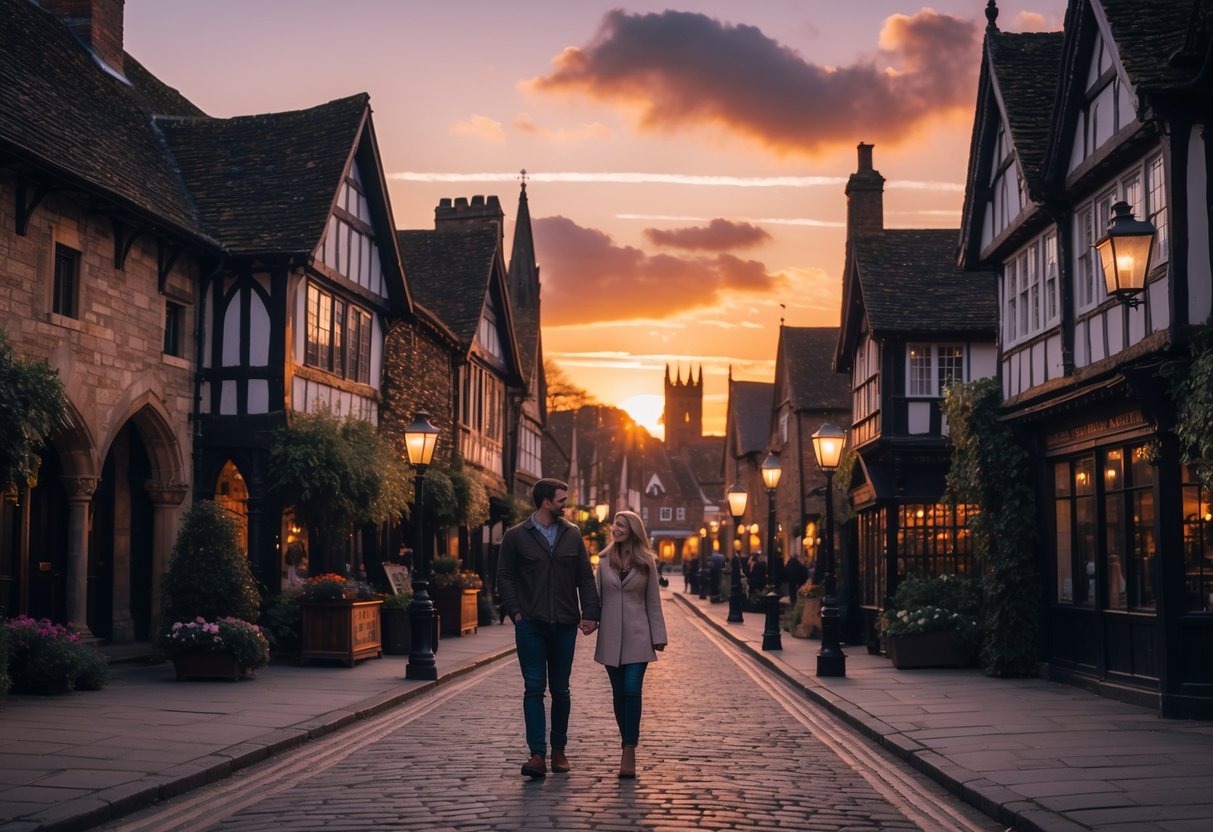 A couple walking hand-in-hand along a cobblestone street in a historic town center at sunset, surrounded by old buildings and soft evening light.