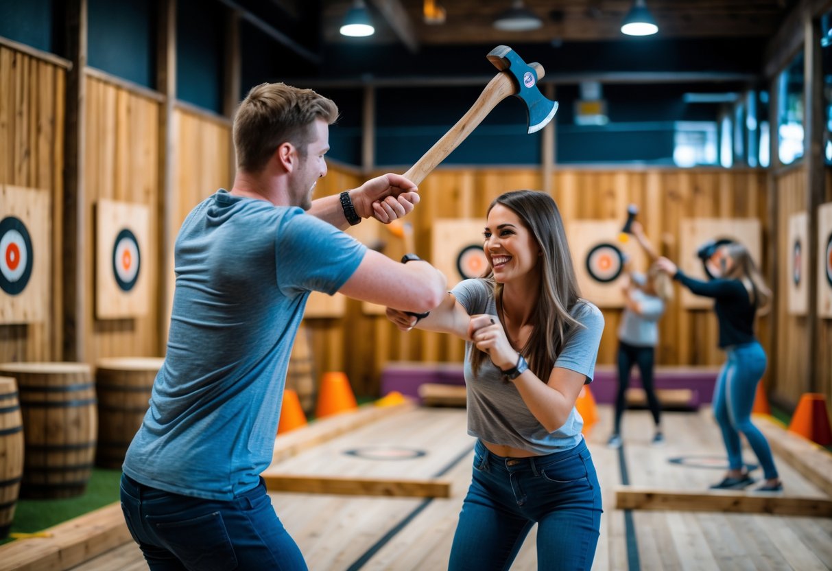 A young couple enjoying axe throwing together at an indoor venue with wooden targets and lanes.