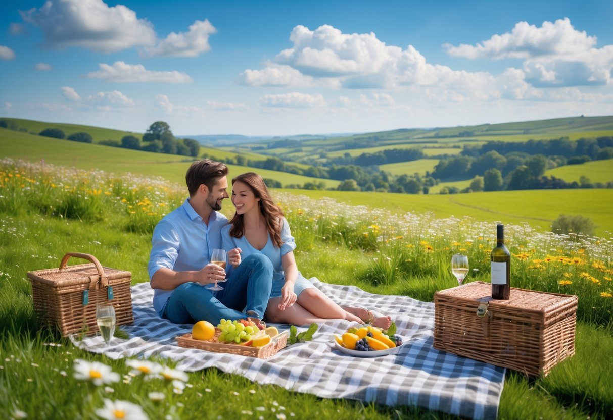 A couple having a picnic on a blanket in the green rolling hills with wildflowers under a blue sky.
