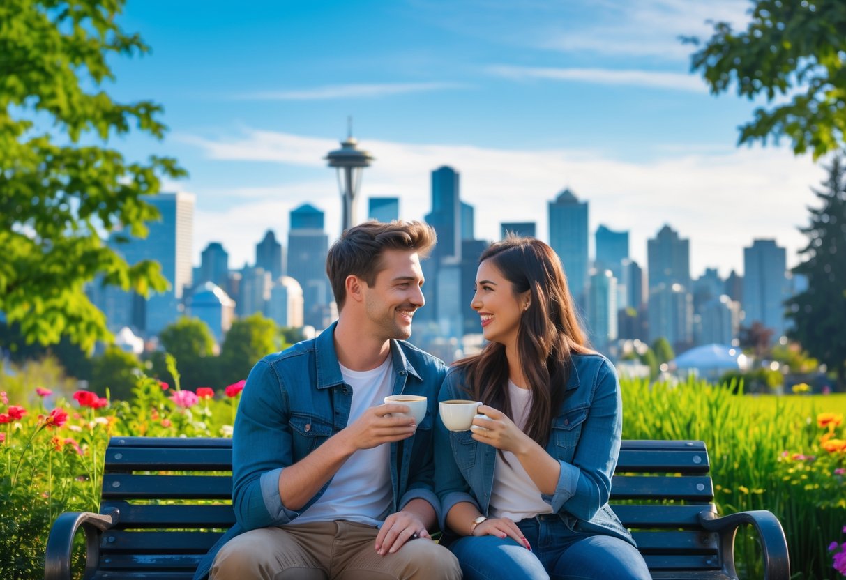 A young couple sitting on a bench at Kerry Park with the Seattle skyline and Space Needle in the background on a sunny day.