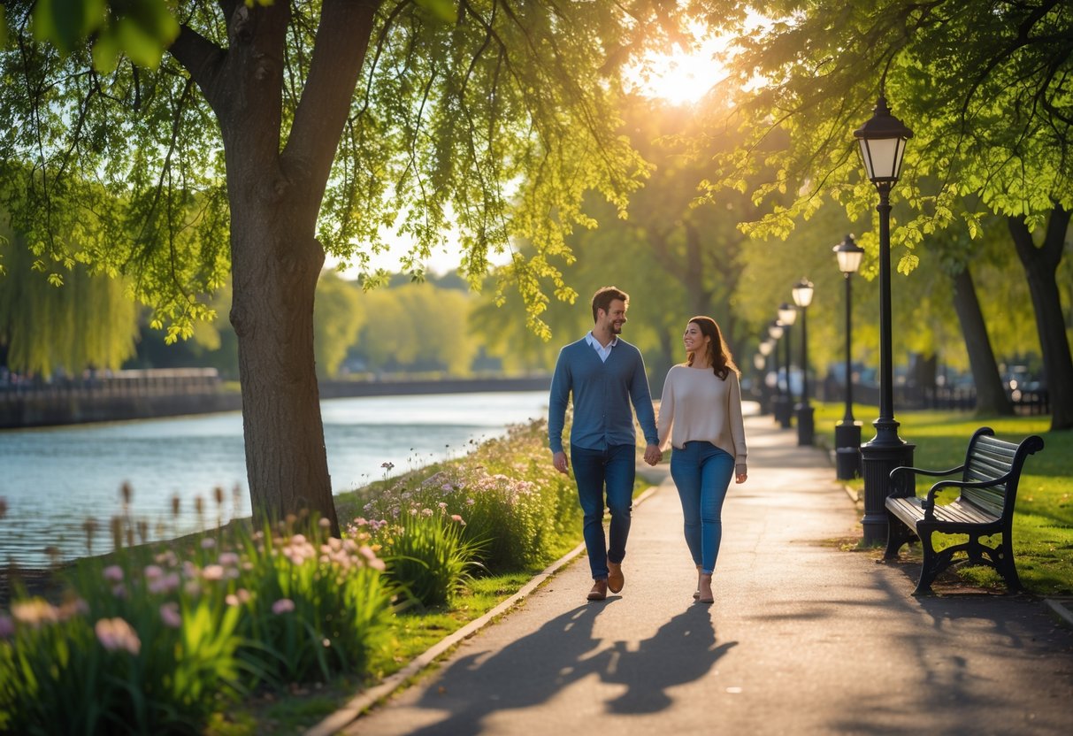 A couple walking hand-in-hand along a riverside path surrounded by trees and flowers in a park.