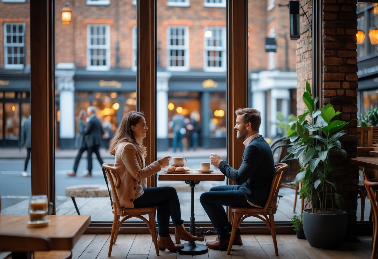 Two people sitting at a small table in a cozy café with large windows showing a city street outside.