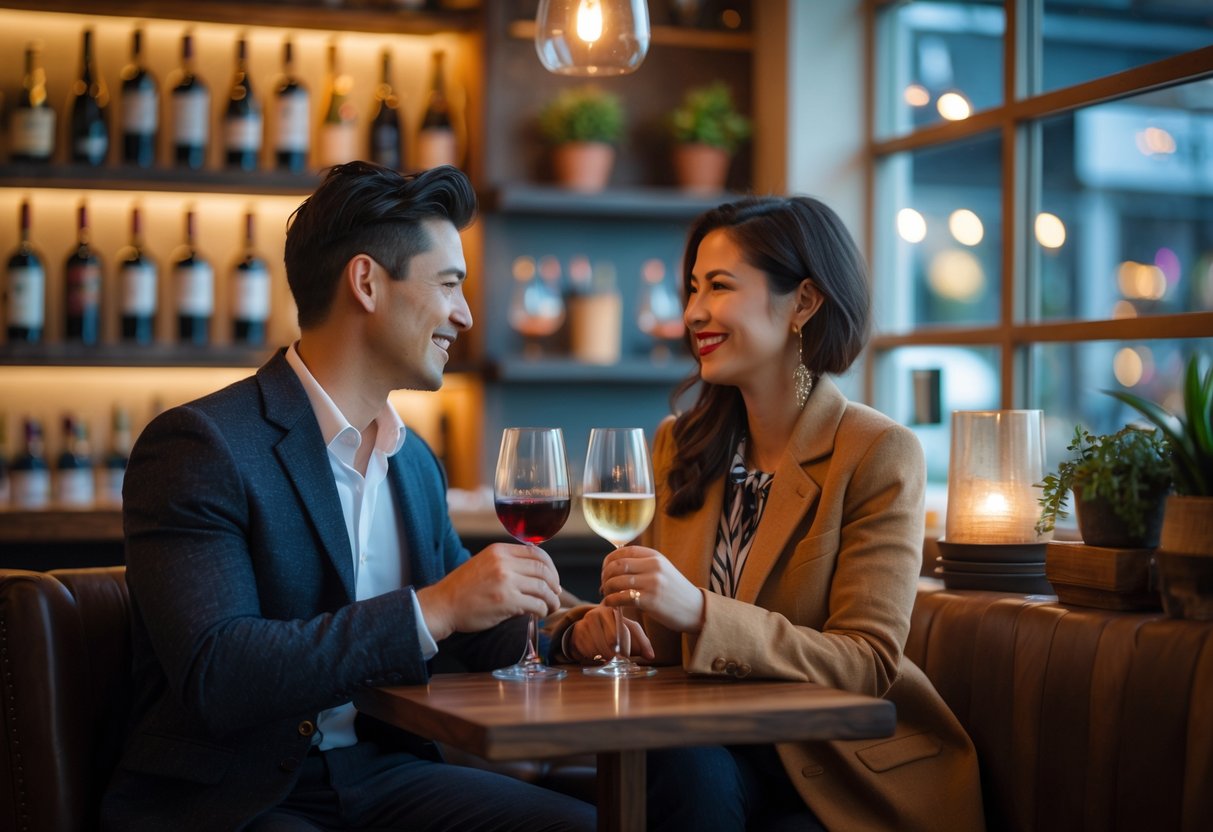 A couple enjoying wine together at a cozy wine bar table with bottles and warm lighting in the background.