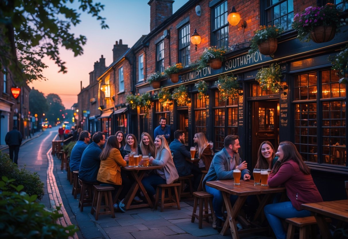 Couples and friends enjoying drinks outside a cozy local pub in Southampton at dusk.