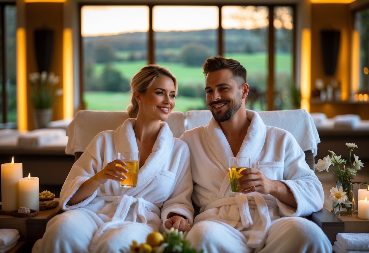 A couple in white bathrobes relaxing together in a bright spa lounge with large windows showing green countryside.