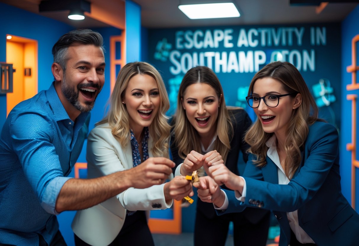 A group of four adults working together to solve puzzles inside an escape room.