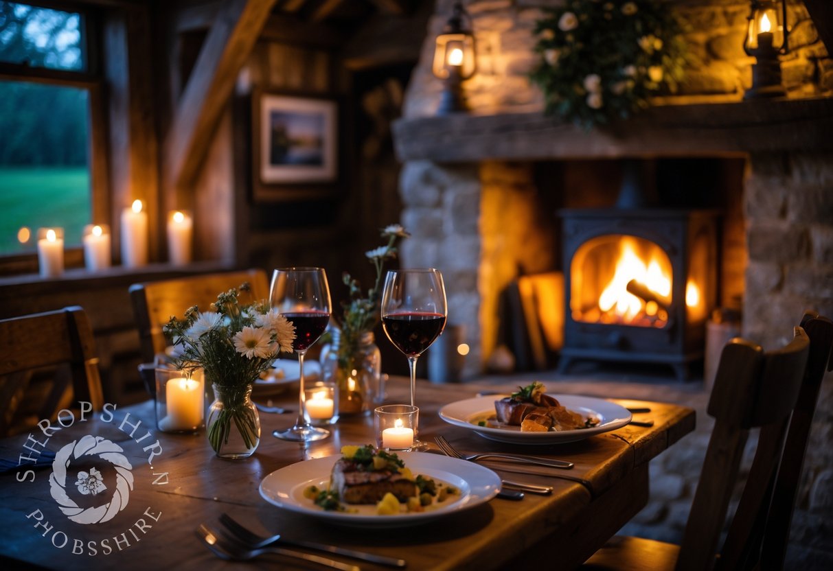 A cozy countryside pub dining table set for a romantic dinner with candlelight and rustic decor.