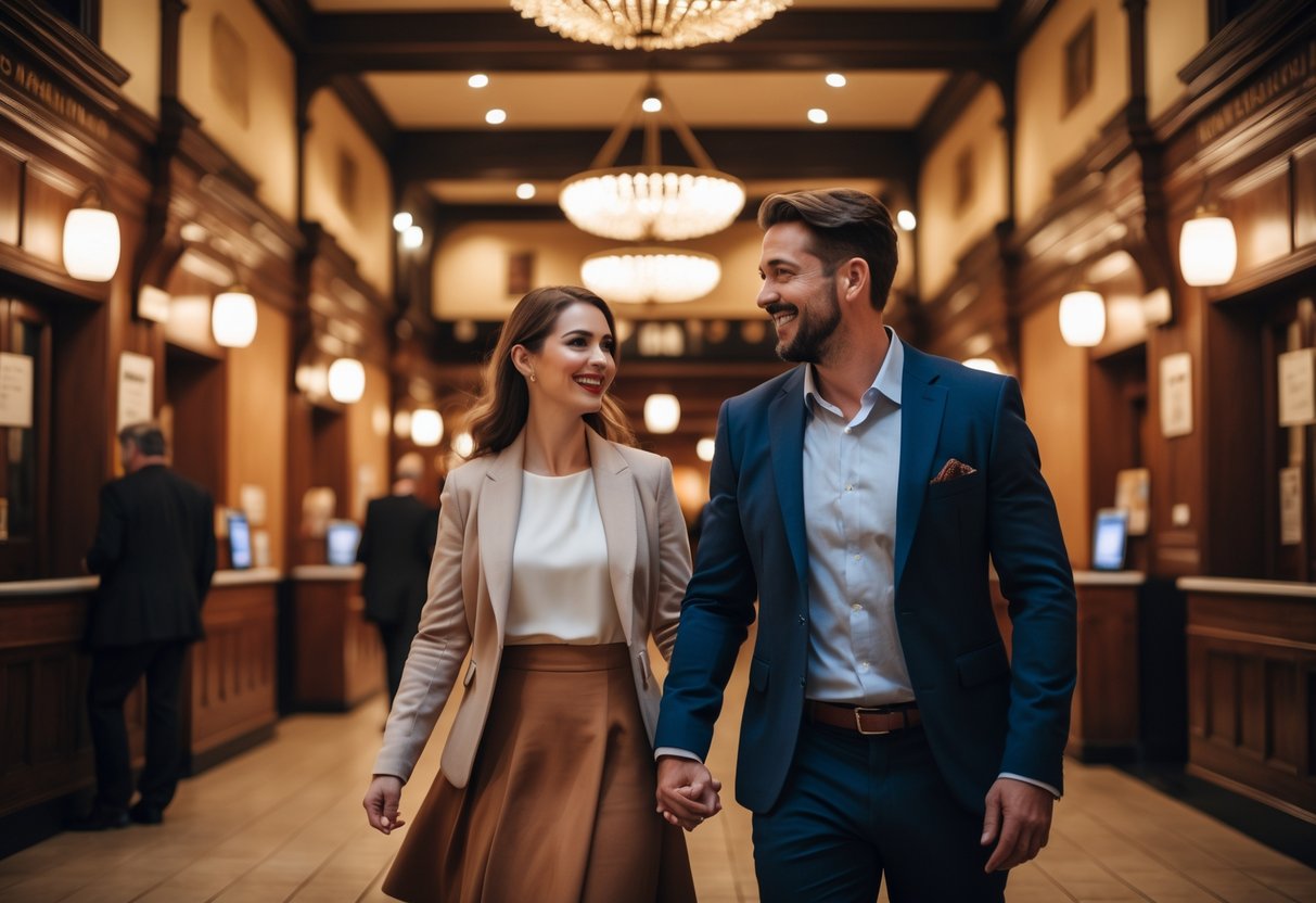 A couple dressed for a night out entering the lobby of Theatre Severn, smiling and holding hands.