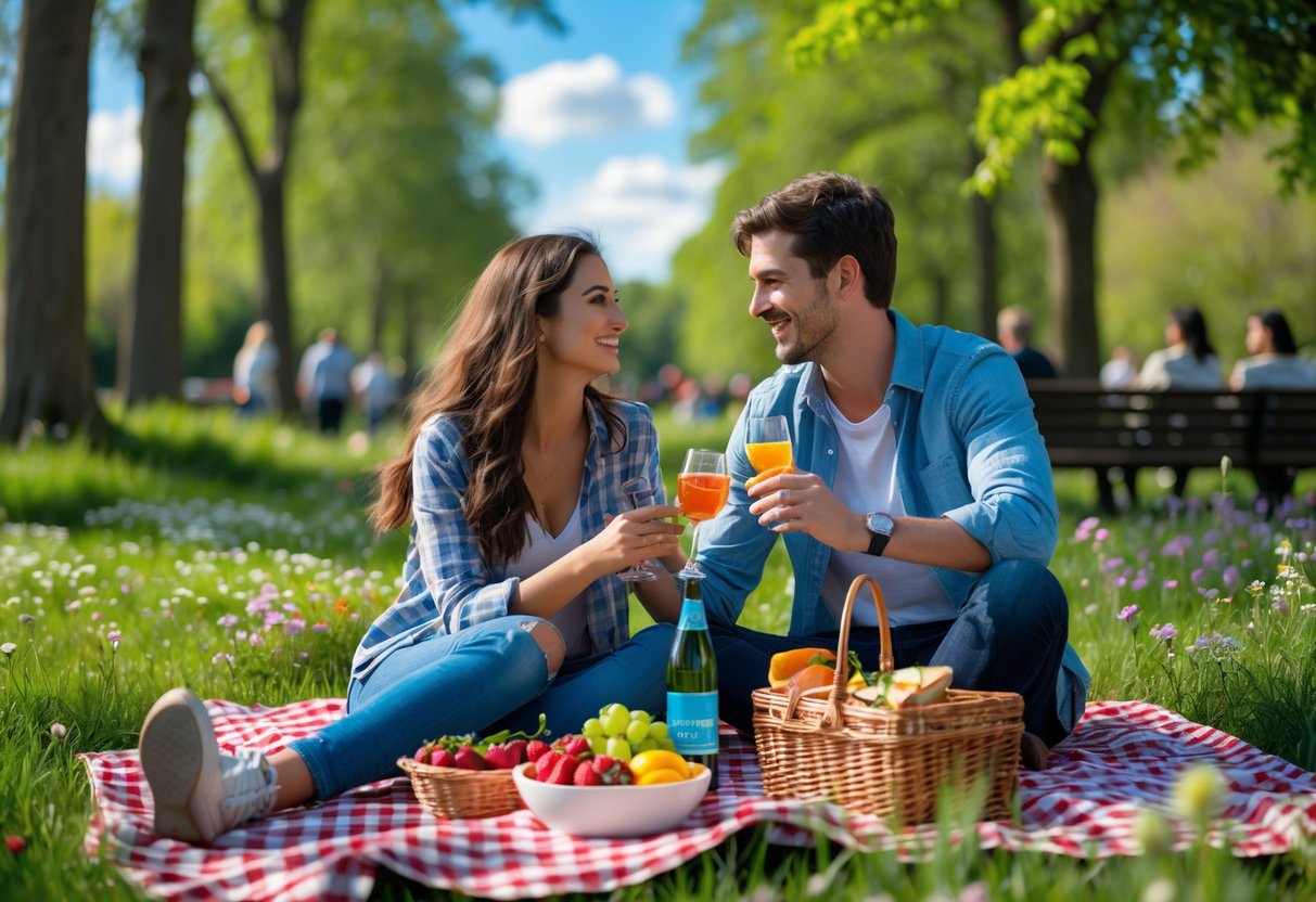 A young couple enjoying a picnic on a blanket in a green park with trees and flowers around them.