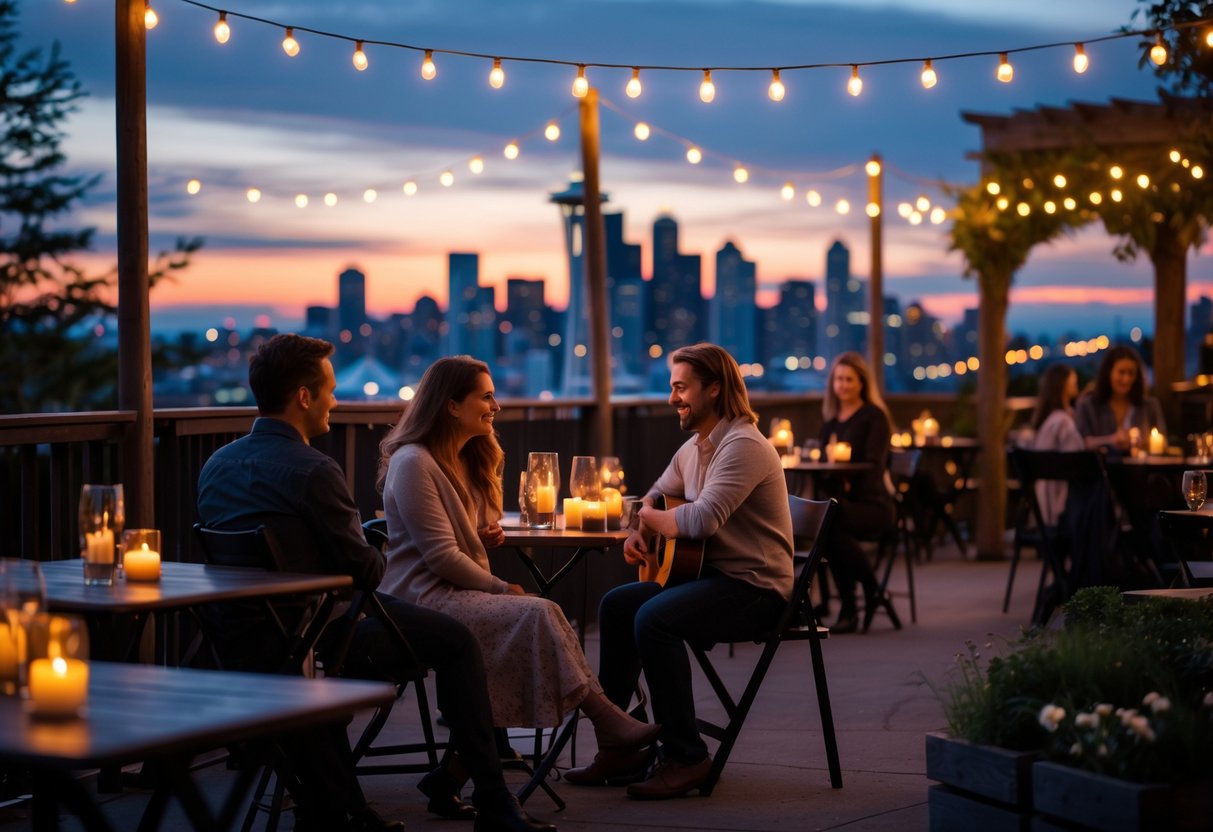 Couples enjoying a candlelight concert outdoors at dusk with a musician playing guitar and the Seattle skyline in the background.