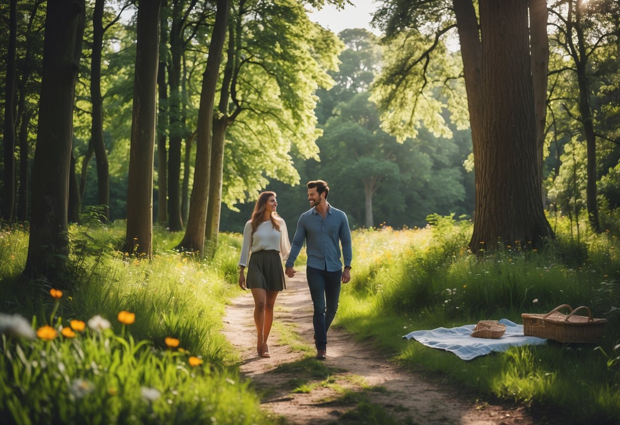 A young couple walking hand-in-hand on a forest path surrounded by green trees and wildflowers, with a picnic setup nearby.