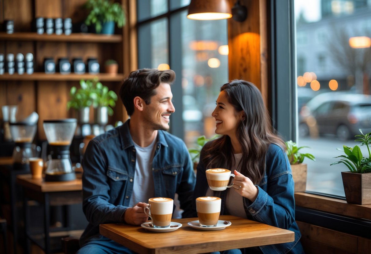 A young couple enjoying coffee together at a small table inside a cozy coffee shop with natural light coming through a window.
