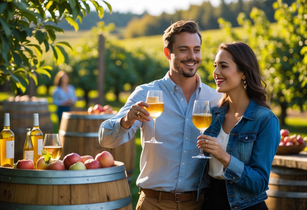A couple enjoying wine tasting outdoors at a local cider farm surrounded by apple orchards.