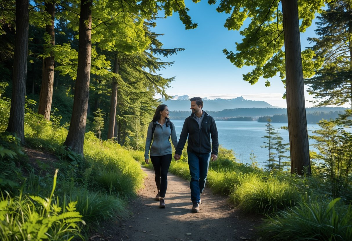 A couple walking hand-in-hand on a forested trail with trees and distant water and mountains in the background.