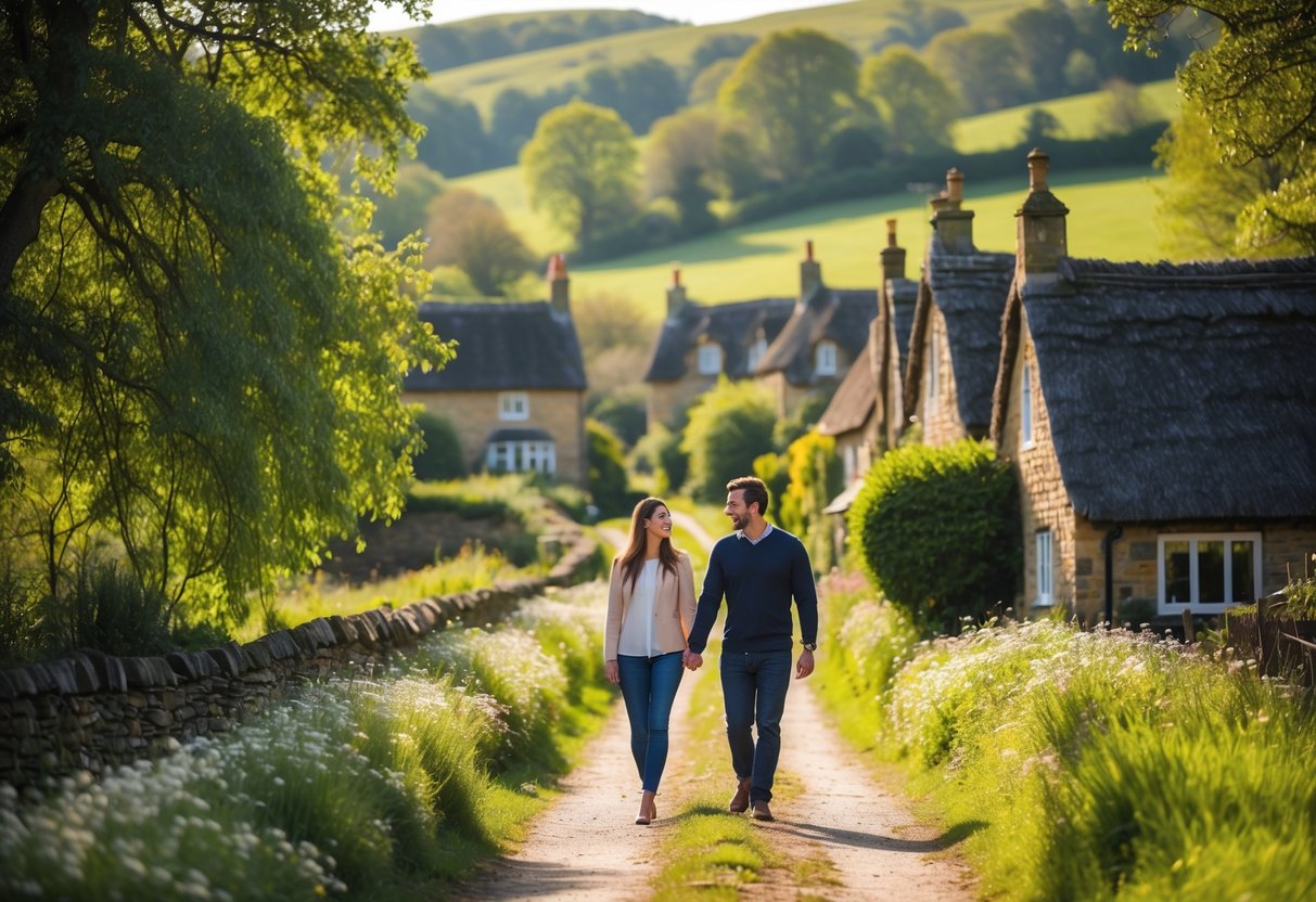 A couple walking hand in hand along a tree-lined country path with rolling hills and traditional cottages in the background.