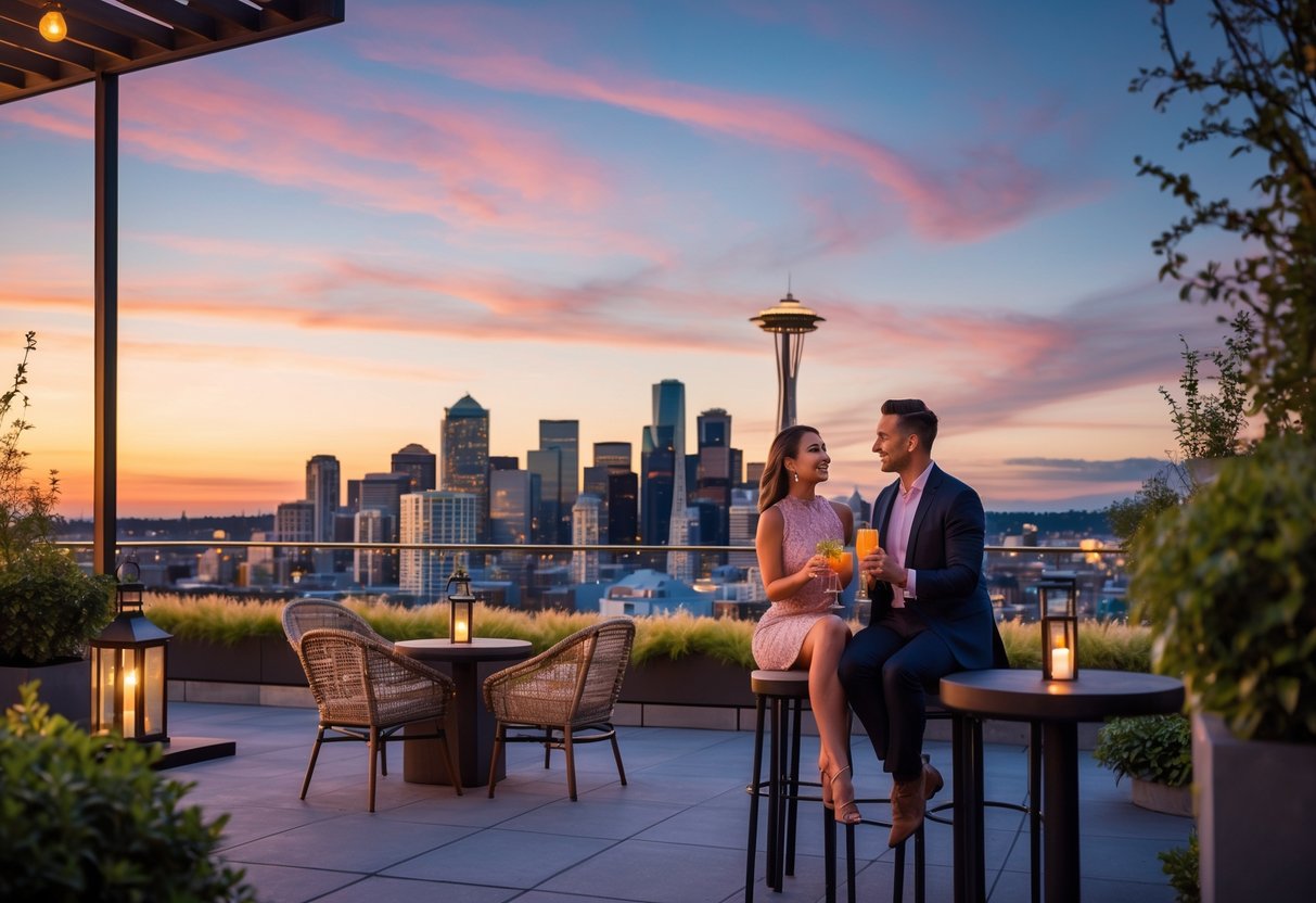 A couple enjoying drinks together on a rooftop bar with the Seattle skyline and sunset in the background.