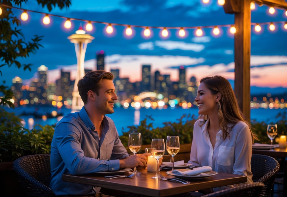 A couple enjoying a romantic dinner outdoors with the Seattle skyline and Space Needle visible at twilight.