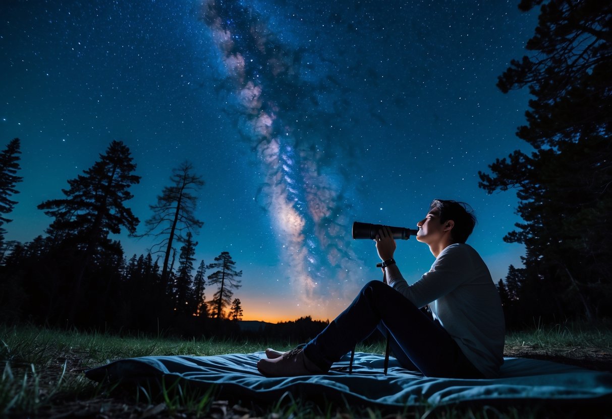 A person sitting alone in a dark sky park at night, looking up at a star-filled sky surrounded by trees.