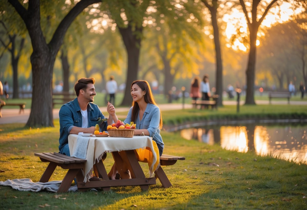 A young couple sitting at a picnic table in a park, smiling and talking during a sunny late afternoon.
