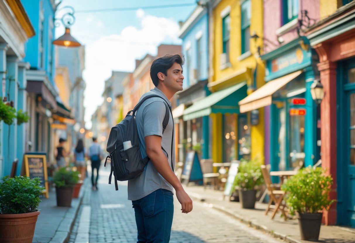 A person walking alone on a colorful city street lined with shops and plants during the day.