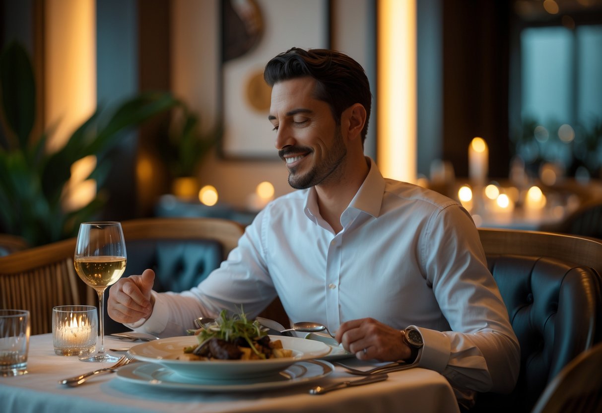 A person dining alone at a beautifully set table in an elegant restaurant.