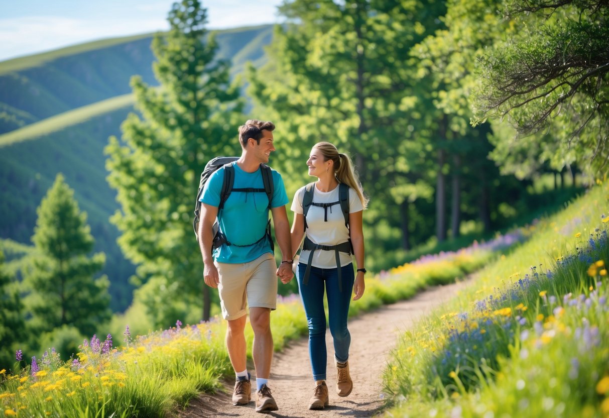 A young couple hiking on a trail surrounded by trees and hills on a sunny day.