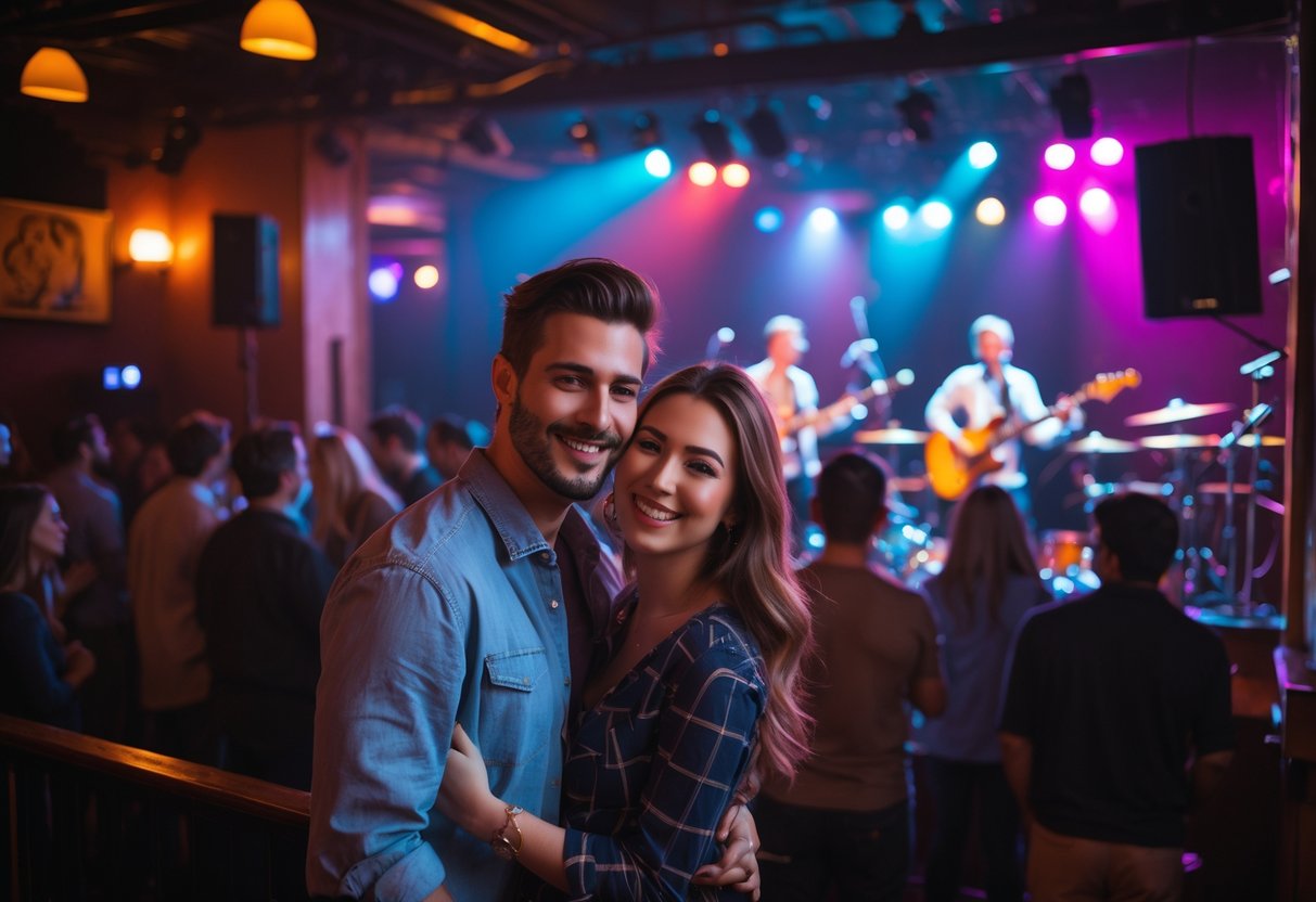 A couple enjoying a live music show together in a cozy indoor concert venue.