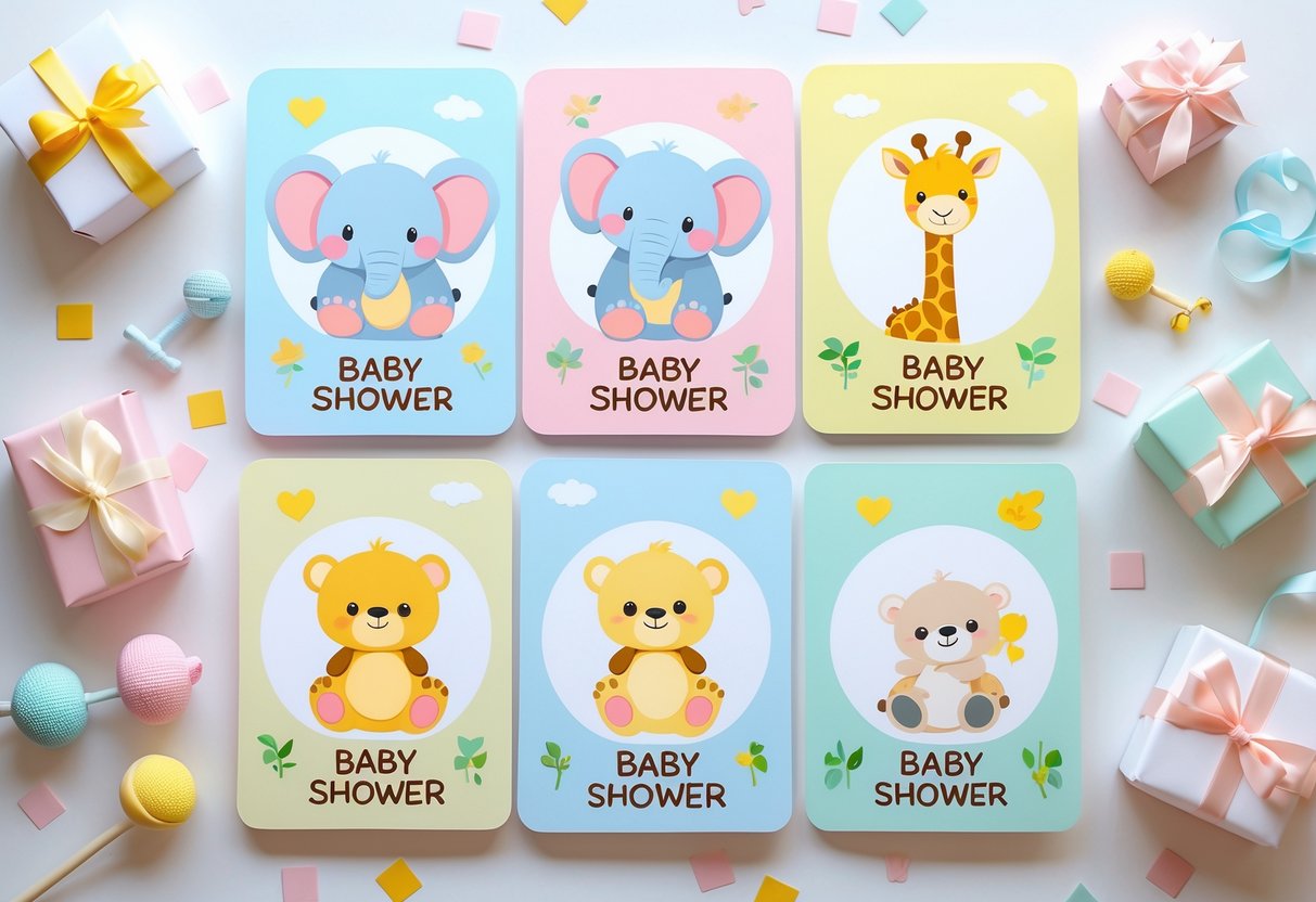 A collection of cute baby shower cards featuring cartoon baby animals surrounded by baby shower decorations on a white surface.