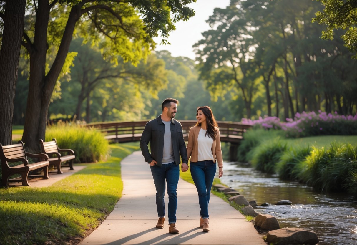 A couple walking hand in hand along a path by a creek in a green park with trees and sunlight.