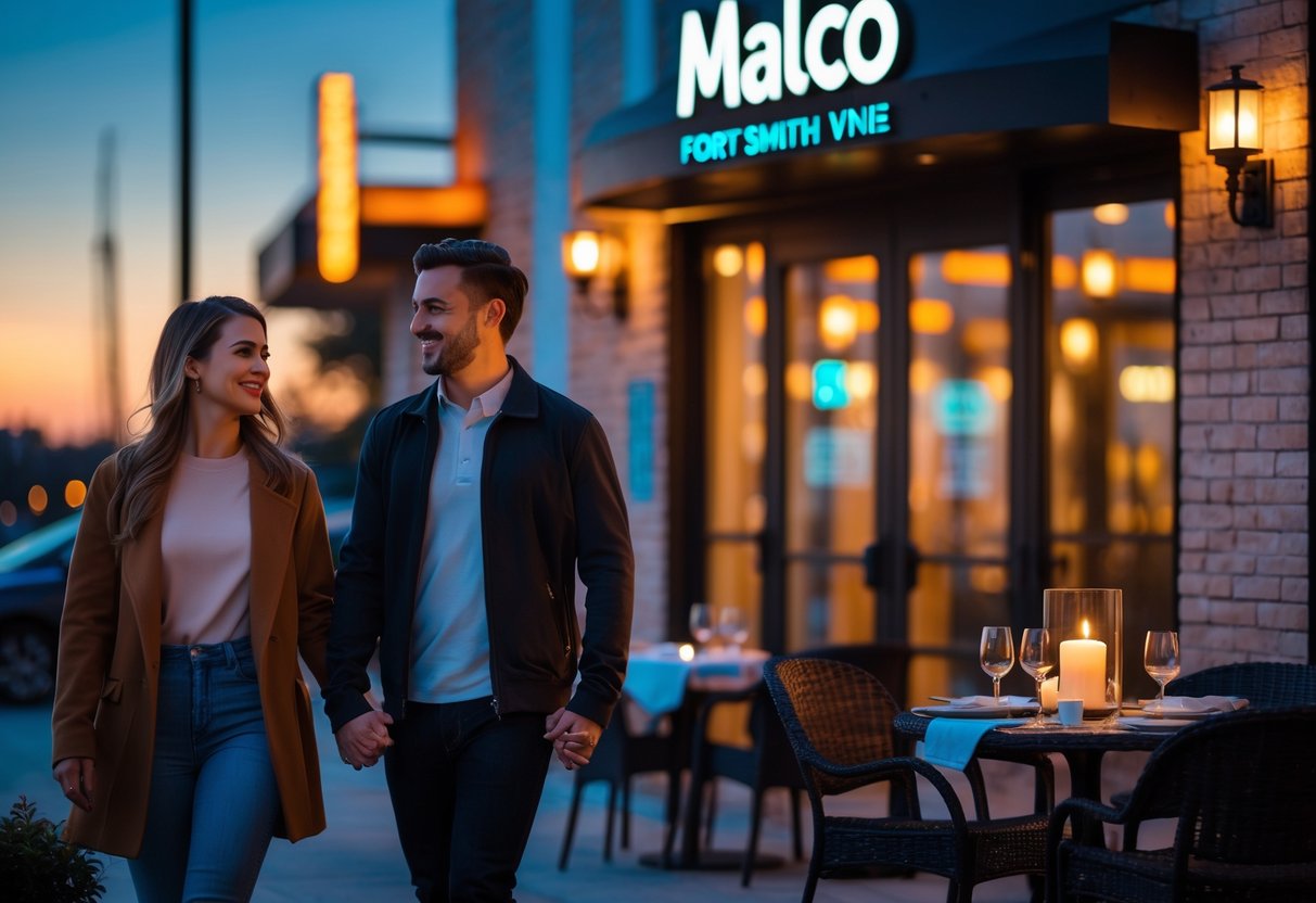 A couple walking hand in hand outside a cinema at dusk with a nearby outdoor dinner table set for two.