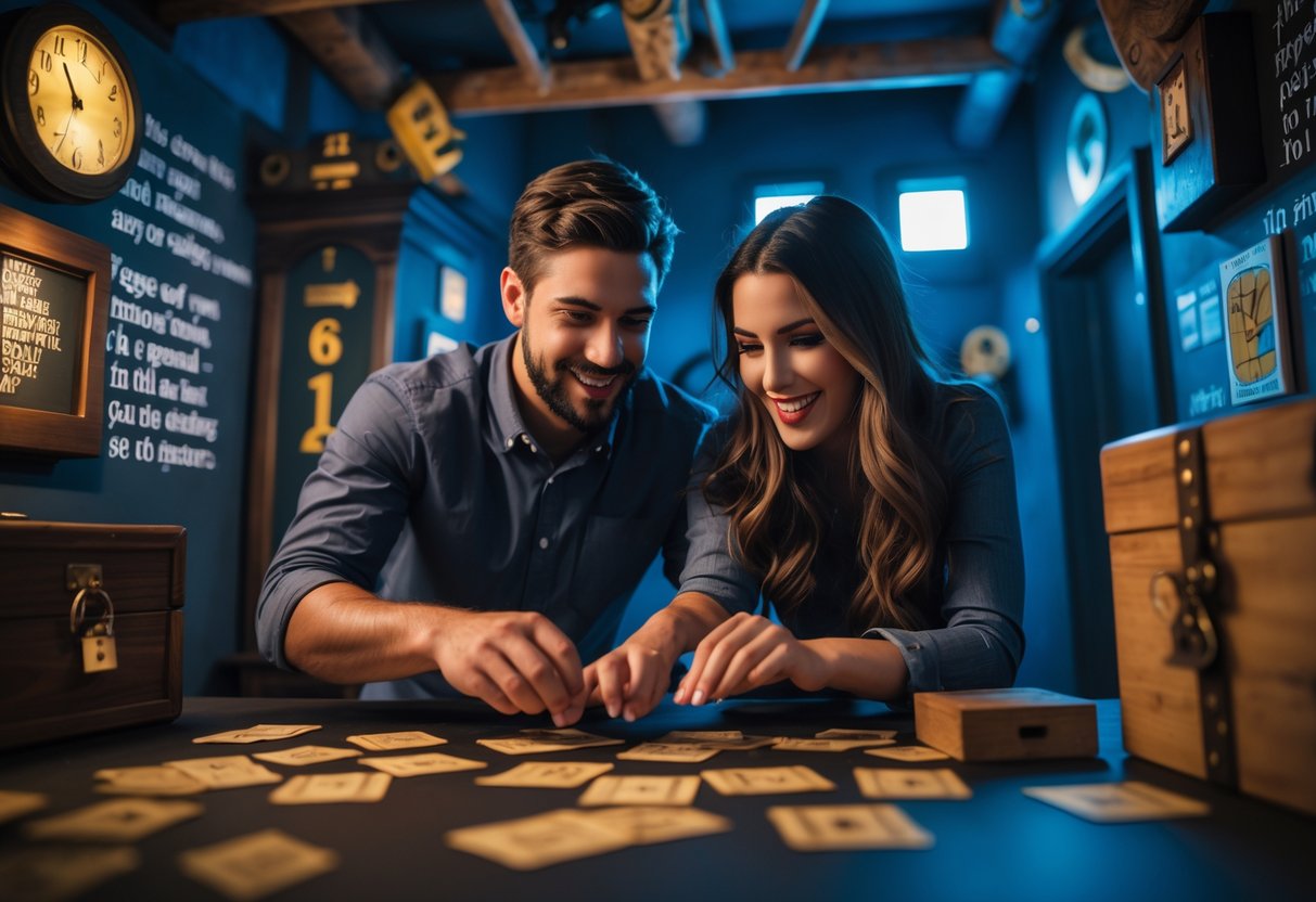 A couple working together to solve puzzles in an escape room filled with mysterious props and decorations.