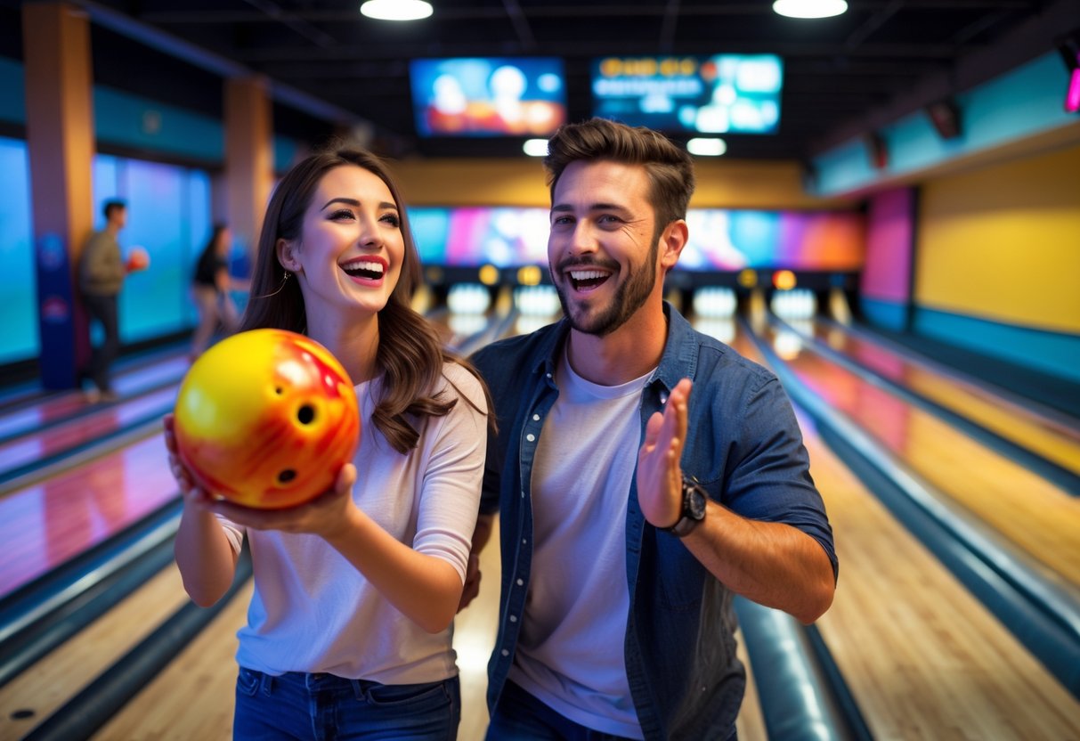 A young couple smiling and playing bowling together at a bowling alley.