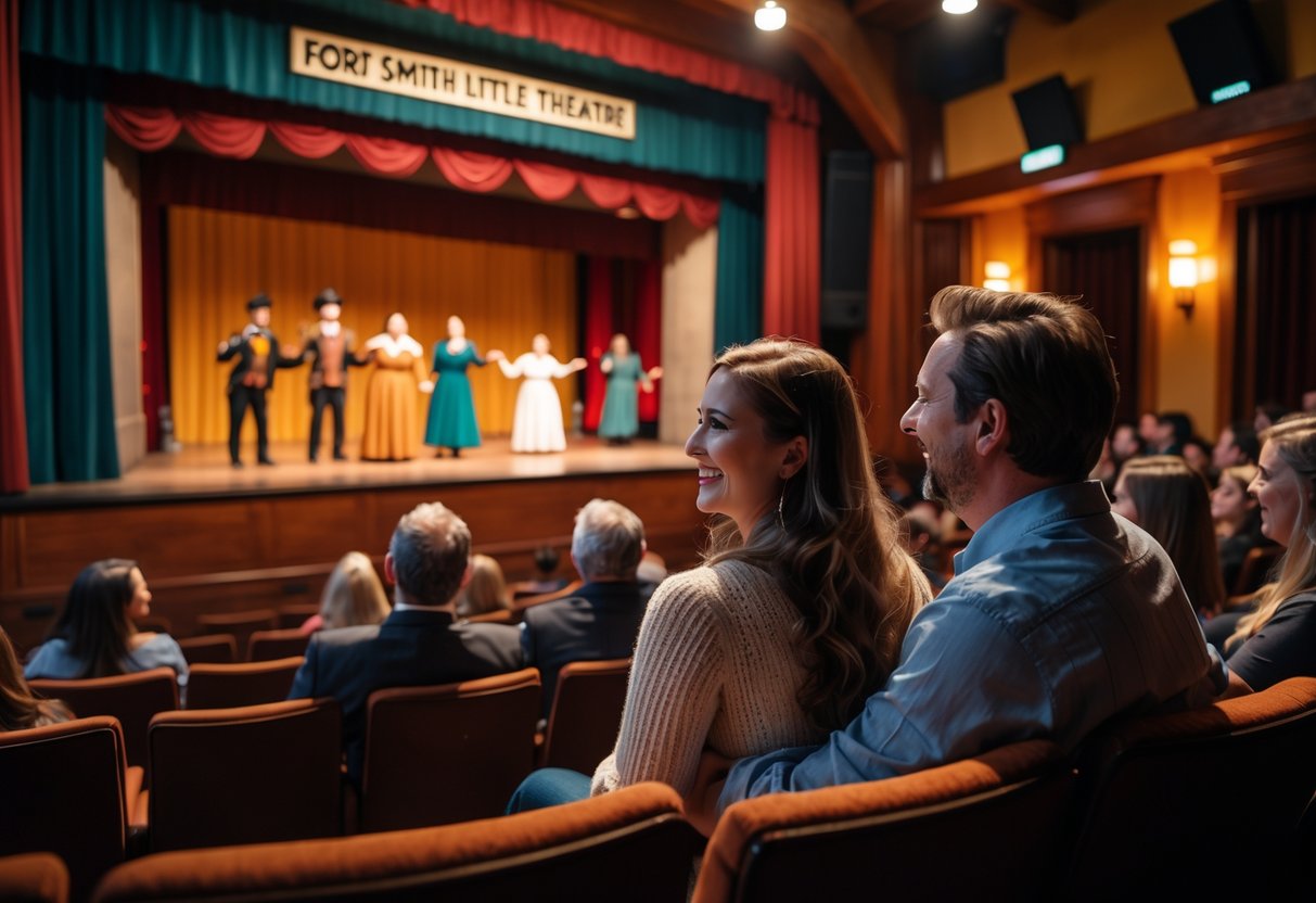 A couple sitting together in a theater watching actors perform on stage during a live play.