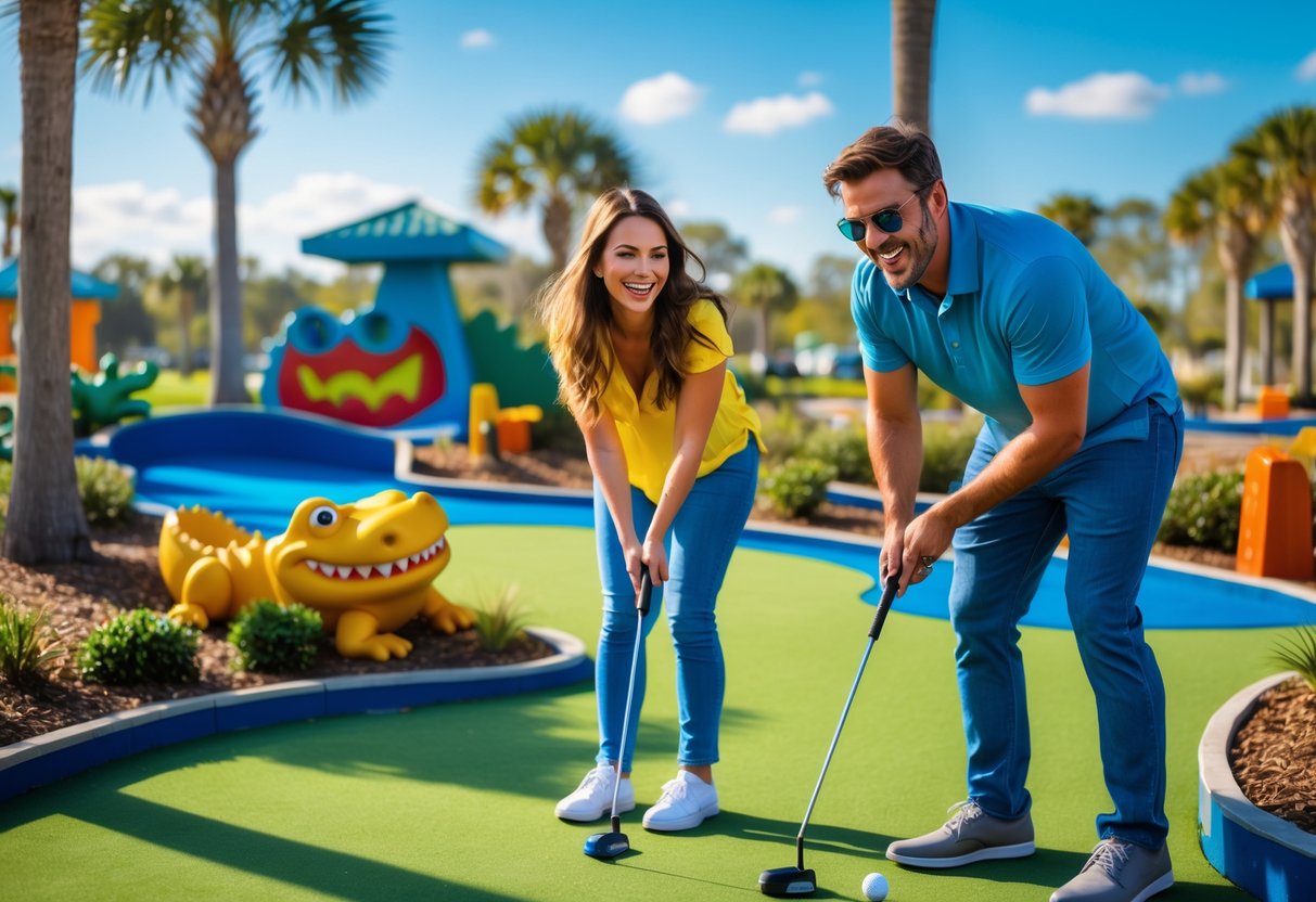 A smiling couple playing mini golf together outdoors on a sunny day surrounded by green landscaping and colorful course decorations.