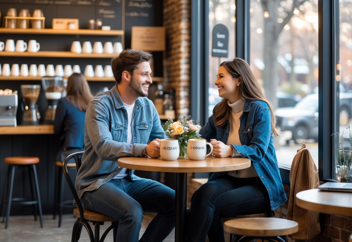 A young couple sitting at a small table in a coffee shop, smiling and drinking coffee together.