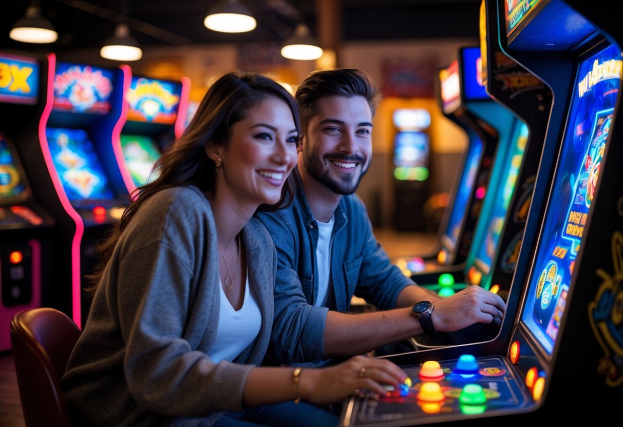 A young couple playing arcade games together, smiling and enjoying their date night at an arcade.