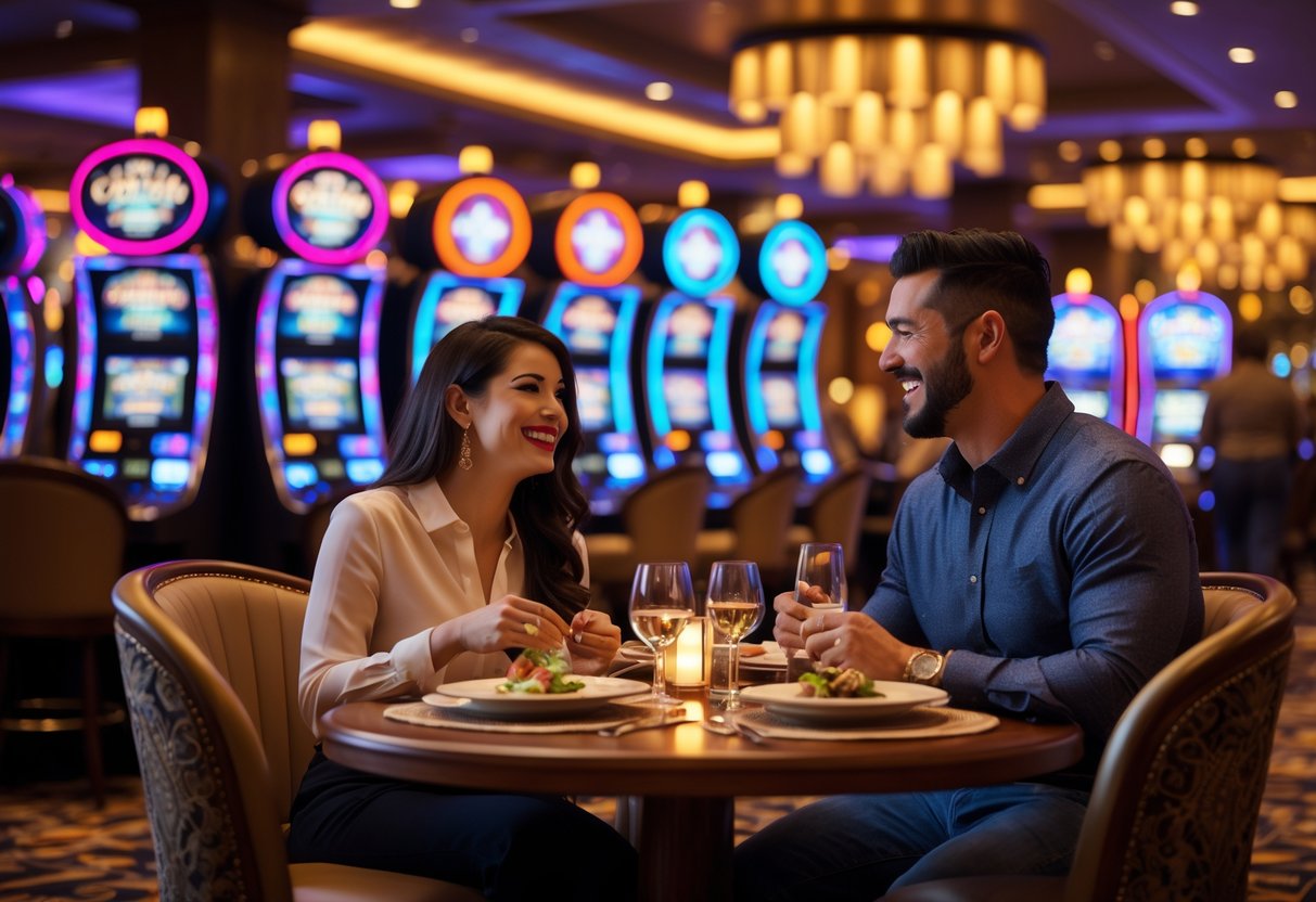 A couple enjoying dinner together at a table inside a casino with slot machines in the background.