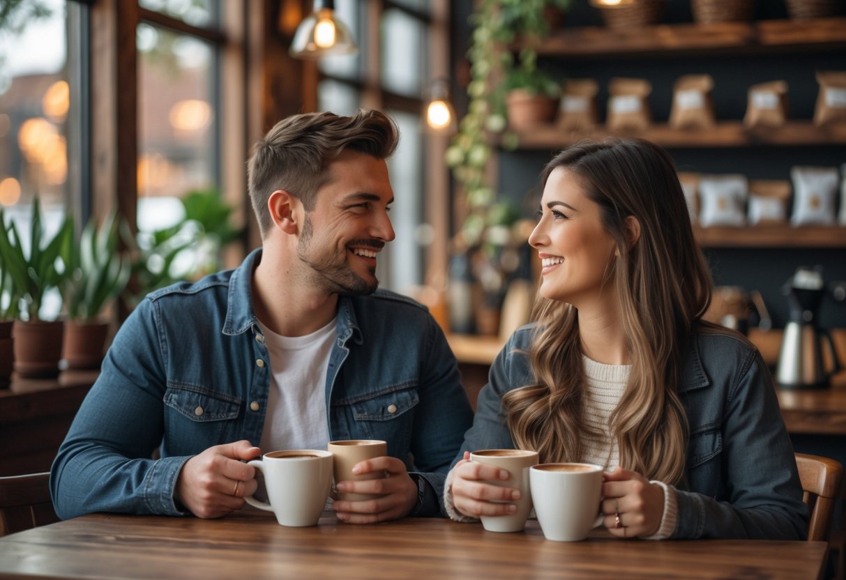 A couple sitting at a wooden table in a cozy cafe, smiling and drinking coffee together.