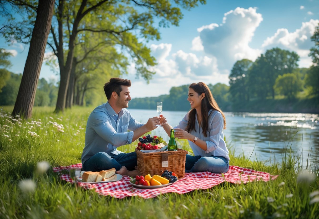 A young couple sitting on a picnic blanket by a river, sharing food and enjoying a sunny day surrounded by trees and grass.